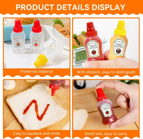 Vista 3 de Fantasyon 12 mini botellas de ketchup para accesorios de caja Bento, botellas exprimibles de condimentos de 0.8 fl oz, contenedor de salsa