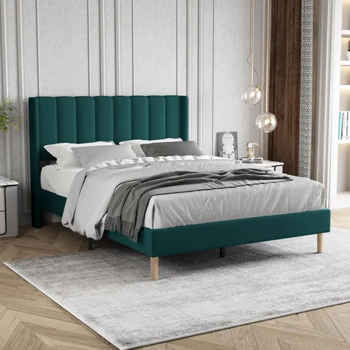 Vista 28 de Zoophyter Base de cama tapizada de plataforma tamaño King con cabecero, listones de madera fuertes, no necesita somier, fácil montaje, lino blanco