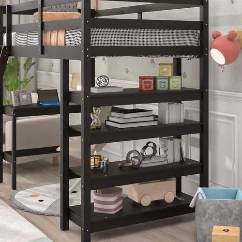 Vista 8 de ODC Cama alta individual con escritorio y estantería para adolescentes y adultos, marco de cama alta de madera maciza con escalera