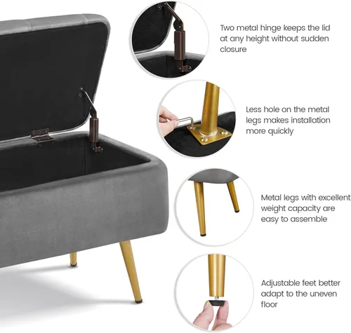 Vista 5 de Yaheetech Otomana con almacenamiento, banco de entrada de terciopelo con bisagra de seguridad, banco tapizado con asiento para dormitorio, sala