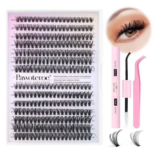 Vista 13 de Kit de extensión de pestañas Pawotence DIY 280 piezas, kit de racimos de pestañas individuales de 9-16mm, kit de extensión de pestañas en racimo