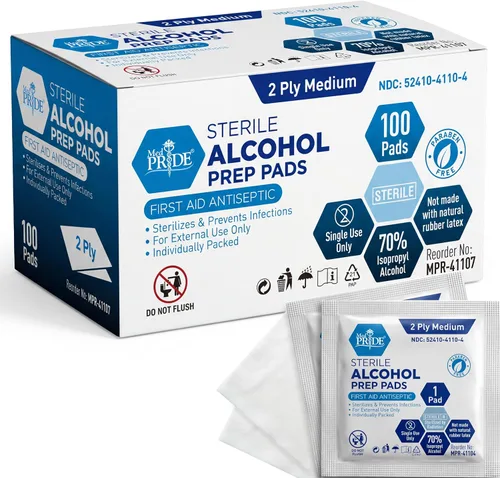 MED PRIDE Almohadillas de preparación de alcohol estéril, antisépticas, envueltas individualmente, grado médico, sin látex, 2 capas, 100 unidades