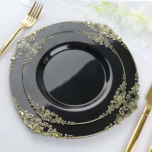 Vista 8 de Efavormart - Paquete de 10 platos redondos de plástico para ensalada de postre de 8 pulgadas, color negro/dorado, vajilla desechable con borde