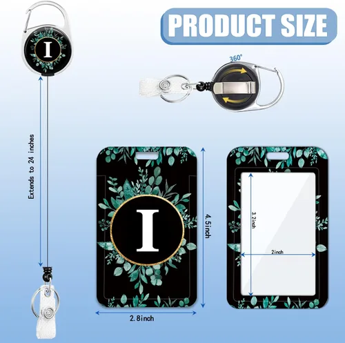 Vista 3 de Paquete de 2 portatarjetas con carrete retráctil, monograma con nombre y letra I, protector vertical resistente para tarjetas de identificación