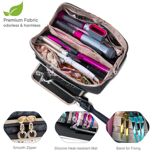 Vista 4 de Bolsa de Viaje Grande para Herramientas de Cabello con Alfombrilla para Plancha - Organizador de Herramientas de Cabello 2 en 1 para Cepillo Secador