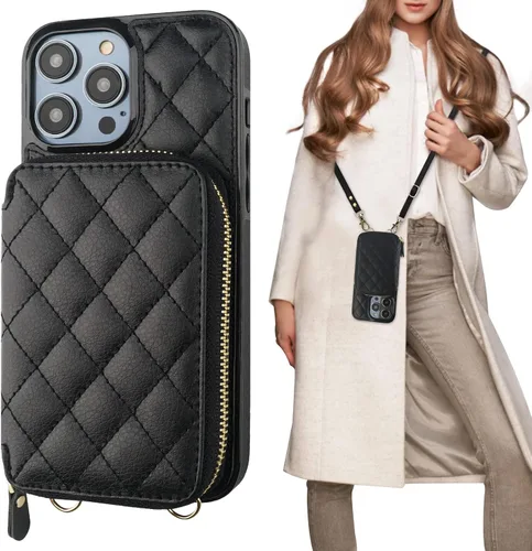 Vista 12 de Bocasal Funda tipo cartera cruzada para iPhone 14 Pro, funda de piel sintética con cremallera y bloqueo RFID, cartera tipo bolso con tapa, soporte