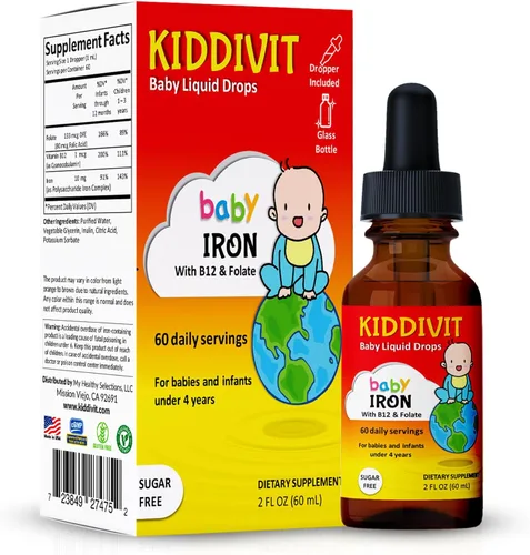 Kiddivit Gotas líquidas de hierro para bebés con vitamina B12 y folato, suplemento suave de soporte de hierro, 60 porciones diarias, fibra