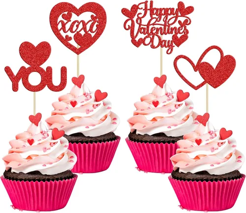 Vista 13 de Ephlyn 24 adornos para cupcakes con purpurina para el día de San Valentín, dulce amor, corazón, día de San Valentín, decoración para cupcakes