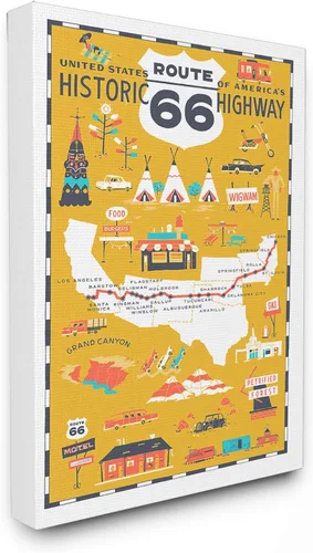 Vista 5 de Stupell Industries US Route 66 - Póster de mapa escénico ilustrado de color amarillo mostaza de gran tamaño, 12 x 0.5 x 18, multicolor