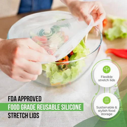 Vista 4 de Tapas elásticas reutilizables de silicona para almacenamiento de alimentos en refrigerador - Cubiertas elásticas resistentes al calor para tazones