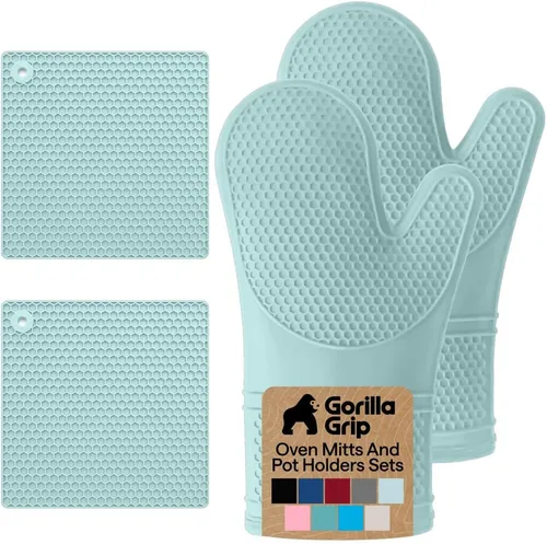 Vista 26 de GORILLA GRIP - Juego de guantes de horno de silicona suave sin BPA, guantes de cocina resistentes al calor e impermeables, forro de algodón grueso