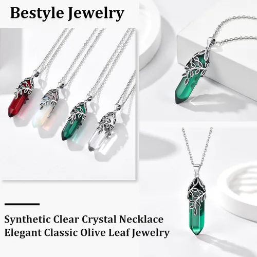 Vista 3 de Bestyle Crystal Necklace Sterling Silver Olive LeafSnake Wrap Clear Quartz Birthstone Pendant with Dainty Silver Rolo Chain, 18"+2", Great Birthday