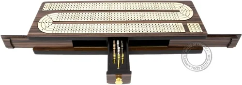 Vista 2 de House of Cribbage - Tabla continua para cuna con incrustaciones de 4 pistas de palisandro/arce con tapas deslizantes y cajón