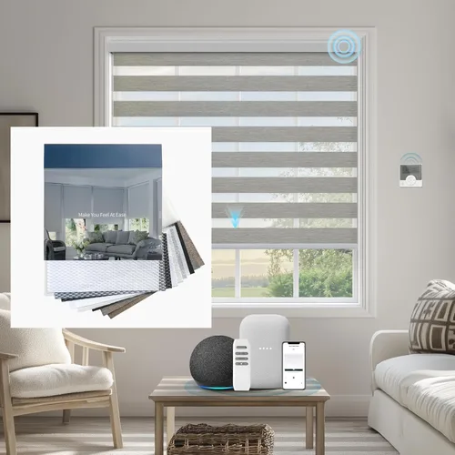 Vista 9 de Persianas motorizadas de cebra compatibles con Alexa Google Smart de doble capa, persianas eléctricas horizontales con control remoto, tamaño 95%