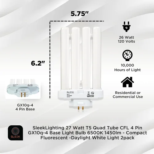 Vista 2 de SLEEKLIGHTING Bombilla base T5 CFL de 4 pines GX10q-4 de 27 W, 6500 K, 1450 lm, fluorescente compacta, luz blanca diurna (paquete de 2)