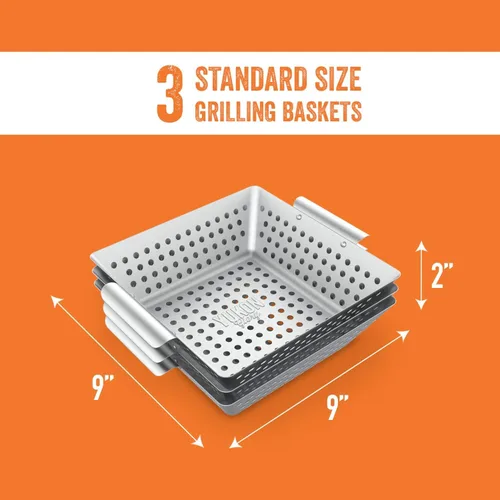 Vista 3 de Yukon Glory™ Juego de 3 cestas de parrilla cuadradas de acero inoxidable de 9 x 9 x 2 pulgadas para parrilla al aire libre – Cesta perforada