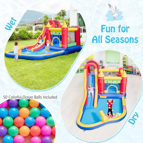 Vista 3 de HONEY JOY Tobogán acuático inflable, casa de rebote de tobogán acuático 9 en 1 con piscina de salpicaduras, tobogán largo, pozo de bolas con 50