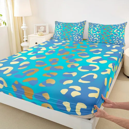 Vista 5 de Sábanas de cama con estampado de leopardo dorado, sábana bajera ajustable de guepardo, tamaño matrimonial, sábanas con estampado de animales