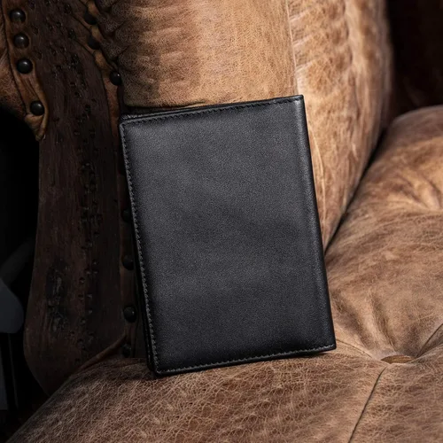 Vista 6 de Cartera plegable de piel Polare ORIGINAL con bloqueo RFID para pasaporte de viaje, delgada, para hombres, Negro, Pequeña