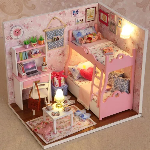 Vista 3 de Ogrmar Casa de madera para muñecas en miniaturas, "hazlo tú mismo", kit de casa con cubierta y luz led - Edad de los cálices