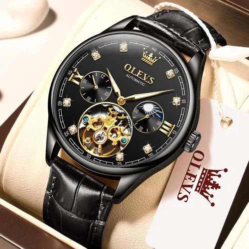 Vista 2 de OLEVS Reloj Tourbillon automático de viento automático mecánico clásico impermeable luminoso correa de cuero