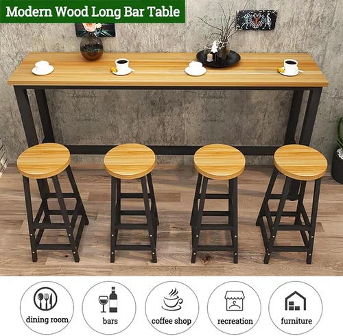 Vista 3 de Mesa de bar moderna, mesa de sofá de consola de madera, mesa de comedor larga para desayuno, mesa de bar de cocina, mesa de café, barandilla
