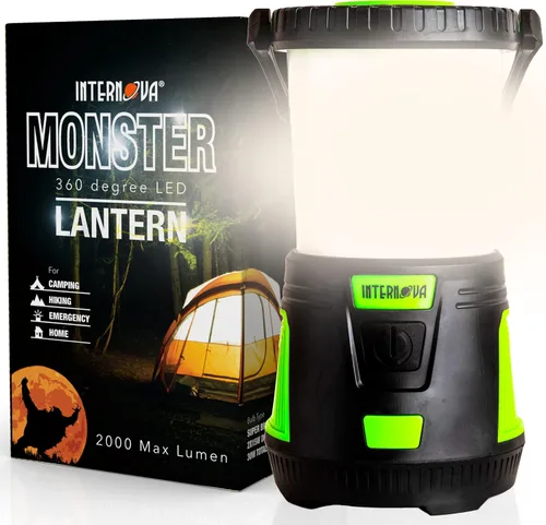 Internova Linterna LED de camping de 2000 lúmenes, linterna de batería de mayor duración, alimentada y operada con control de luz infinito de 360