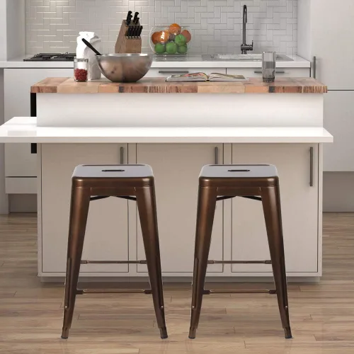 Vista 268 de GIA Taburete de mostrador sin respaldo de 24 pulgadas, cantidad de 4, bronce con asiento de madera clara