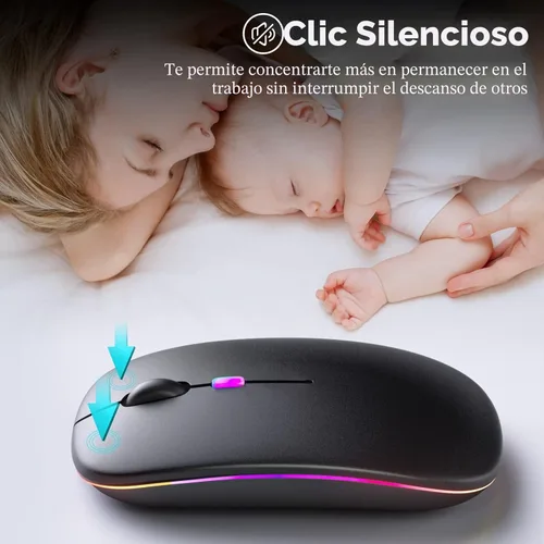 Vista 2 de KANMABPC Mouse inalámbrico Bluetooth – Recargable, silencioso, modo dual (Bluetooth 5.2 y USB) con luces LED – Portátil para laptop, escritorio