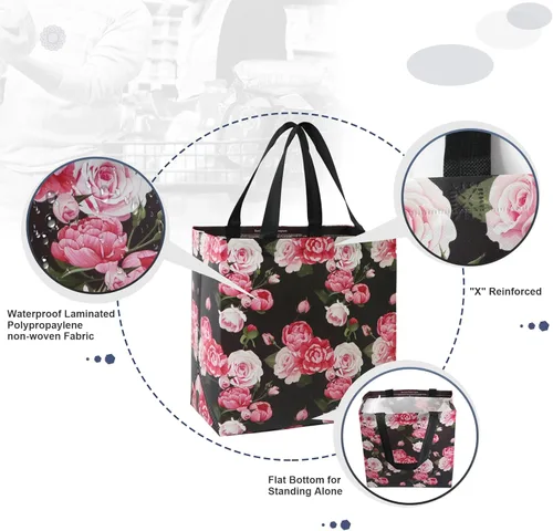 Vista 3 de BeeGreen Bolsas de compras reutilizables de flores para comestibles, paquete de 6 bolsas plegables grandes, asas fuertes para comestibles pesados