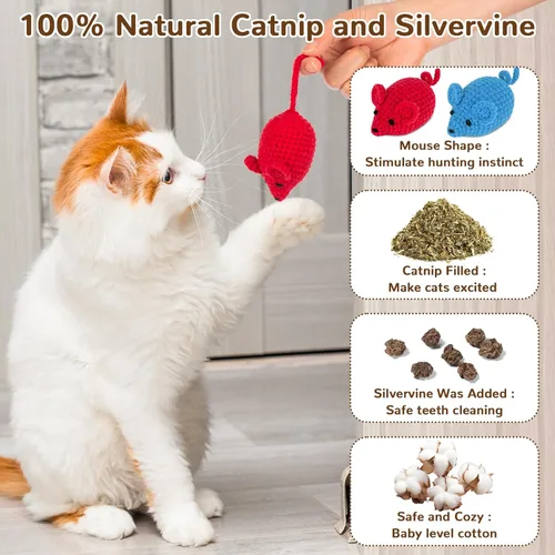 Vista 4 de Retro Shaw Juguetes de hierba gatera de ganchillo, 6 piezas de hilo para pezón de gato, ratones seguros para limpieza de dientes, juguete masticable