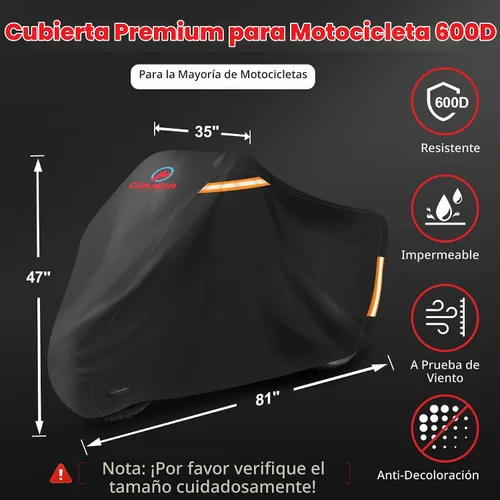 Vista 2 de Comnova - Funda para motocicleta de 81 pulgadas, 600D, impermeable, con orificio de bloqueo, ajuste universal para Harley, Honda, Kawasaki Negro