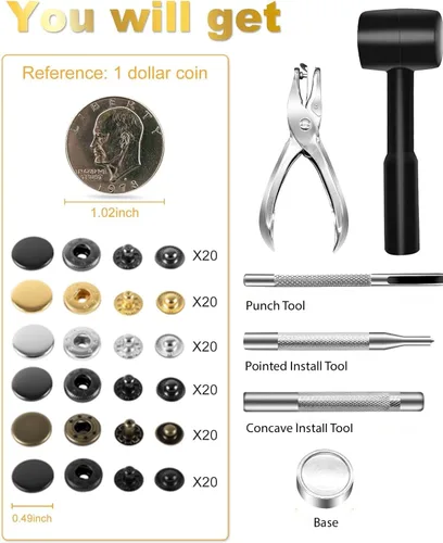 Vista 3 de Alritz 120 Juegos de Broches de Presión de Cuero con Martillo Perforador, Botones de Metal de 12.5mm con Remaches de Presión con 4 Herramientas