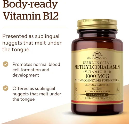 Vista 3 de Solgar Metilcobalamina 1000 mcg, 60 pepitas - Apoya el metabolismo energético - Forma activa de vitamina B12 lista para el cuerpo - Vitamina B - Sin
