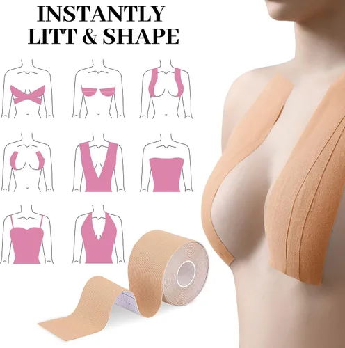 Vista 4 de Celosia Cinta para senos, cinta para levantamiento de senos, cinta Bob para senos grandes Copa A-G con 2 parches de silicona para el pecho, cinta