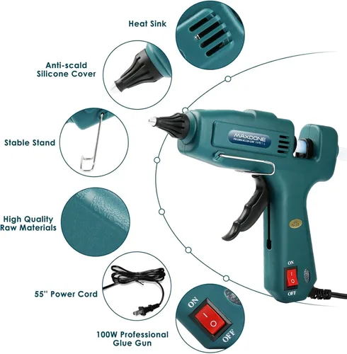 Vista 6 de Kit de pistola de pegamento caliente ignífuga de 100 W, pistola de pegamento MAXDONE Craft tamaño completo (no mini), pistola de pegamento caliente