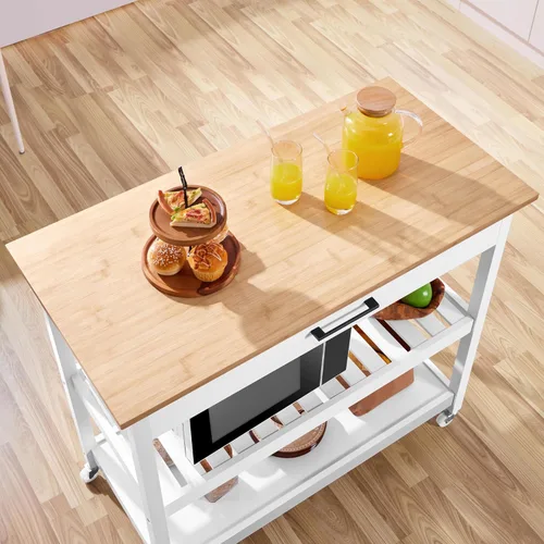Vista 7 de Yaheetech Carrito de cocina con cajón y estantes de almacenamiento, carrito con parte superior de bambú sobre ruedas para comedor, 40 pulgadas