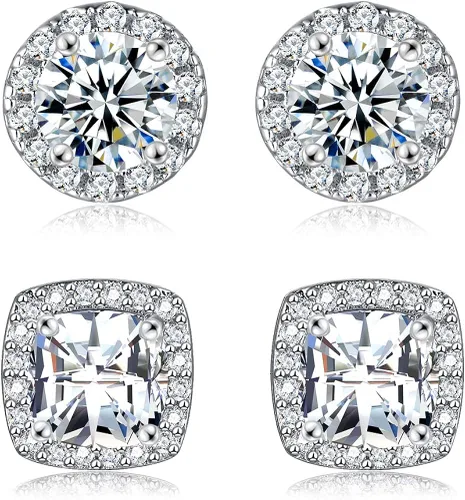 Aretes de tuerca chapados en oro blanco de 18 quilates con circonita cúbica cuadrada redonda de imitación de diamantes 2 pares Latón