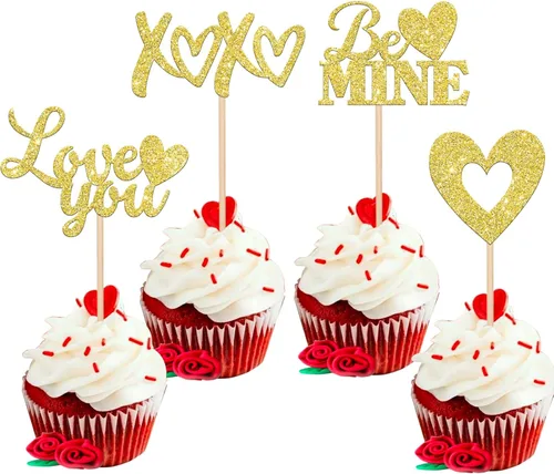 Vista 39 de Paquete de 24 adornos para cupcakes con purpurina en forma de corazón con temática de amor dulce, decoración de pasteles para el día de San