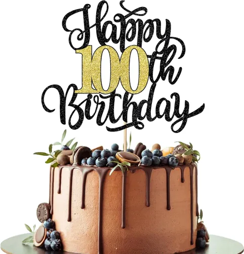 Decoración para tarta de cumpleaños número 100, decoración de pastel de cumpleaños con purpurina negra y dorada, suministros de decoración de fiesta