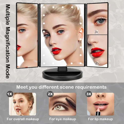 Vista 2 de Flymiro Espejo de tocador iluminado de tres pliegues con aumento 3x/2x, 21 luces LED y pantalla táctil, espejo cosmético de encimera con rotación