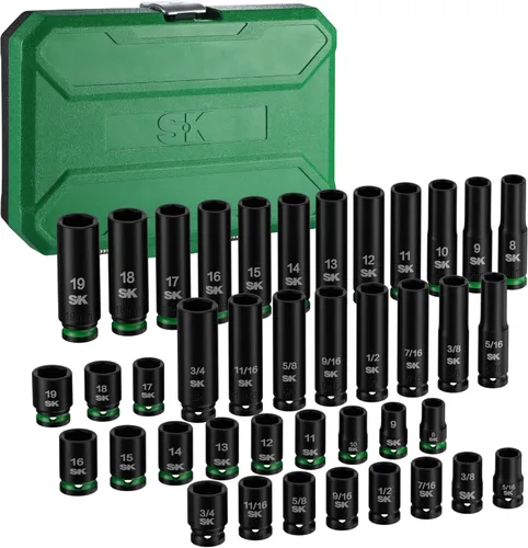 SK Juego de llaves de impacto de 3/8 pulgadas, 40 piezas de vasos profundos y poco profundos, métrico 8 a 19 mm, SAE 5/16" a 3/4", acero CR-MO
