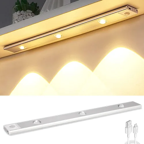Sensor de movimiento LED regulable de 3 colores, luz para debajo del gabinete, iluminación inalámbrica magnética recargable para cocina, dormitorio
