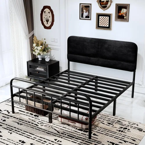 Vista 4 de Base de cama de metal de 14 pulgadas, marco de cama tamaño King con cabecera tapizada, base de colchón resistente y resistente, fácil montaje,