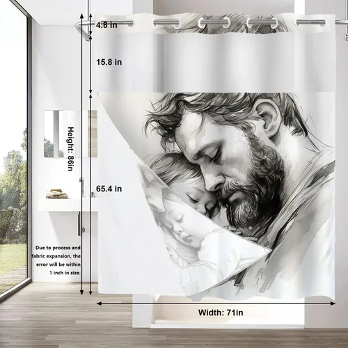 Vista 722 de Shrahala Father and Child Embracing No Hooks Shower Curtain with Snap in Liner Set, Tender Moment Captured Bathroom Décor Polyester Fiber Waterproof