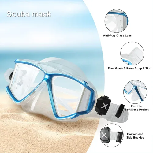 Vista 3 de Máscara de buceo panorámica de 4 lentes, máscara de buceo de vidrio templado con cubierta para la nariz, equipo de gafas de esnórquel antiniebla