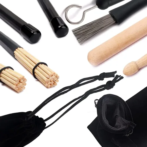 Vista 5 de Juego de cepillos para baquetas, 1 par de baquetas de madera de arce clásica 5A, 1 par de cepillos retráctiles de alambre de tambor y 1 par de Negro