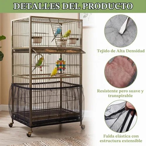 Vista 3 de Funda para jaula de pájaros, jaula de pájaros, red de malla de nailon aireada duradera, cubierta de jaula de pájaros ajustable, protector de Negro