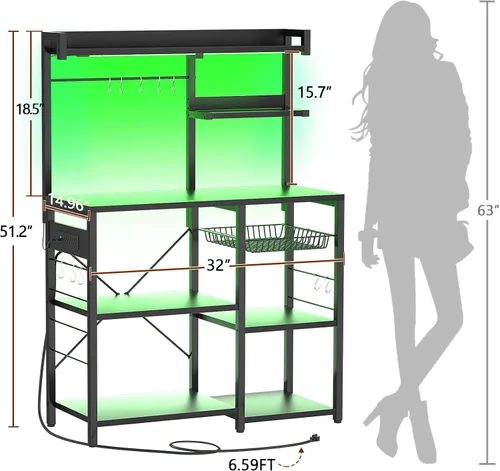 Vista 8 de Aheaplus - Estantería de cocina con toma de corriente y luces LED, soporte para microondas con cesta de alambre, mesa de isla para estación de café