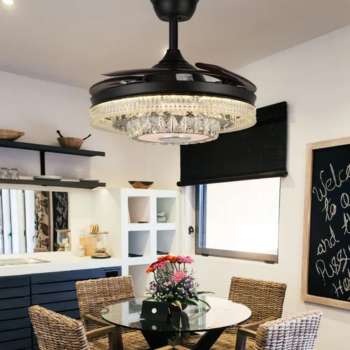 Vista 9 de Fandian Ventilador de techo inteligente moderno de 42 pulgadas con luces de control remoto, candelabro de cristal retráctil de inversa negra
